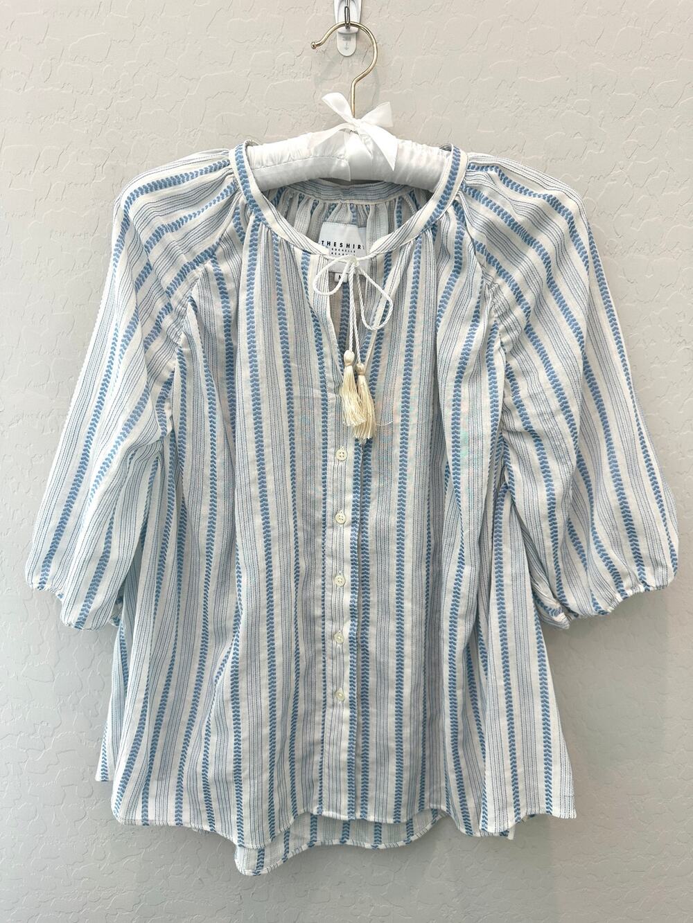 THE SHIRT Rochelle Behrens Blue Stripe Cotton Puff Sleeve Tassel Blouse Medium